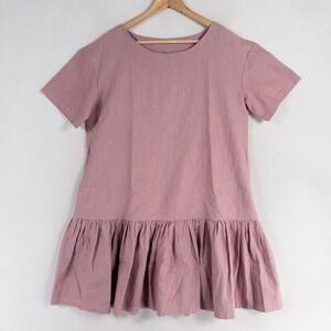 Le Muse Dress Sz Large Purple Shift Ruffle Hem Pockets Linen Mini Short Sleeve
